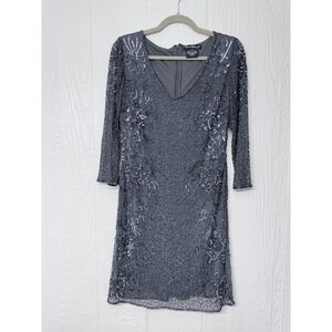 Pisarro Nights Beaded Floral Mesh Dress Grey V-Neck 3/4 Sleeve Size 12 RN90714